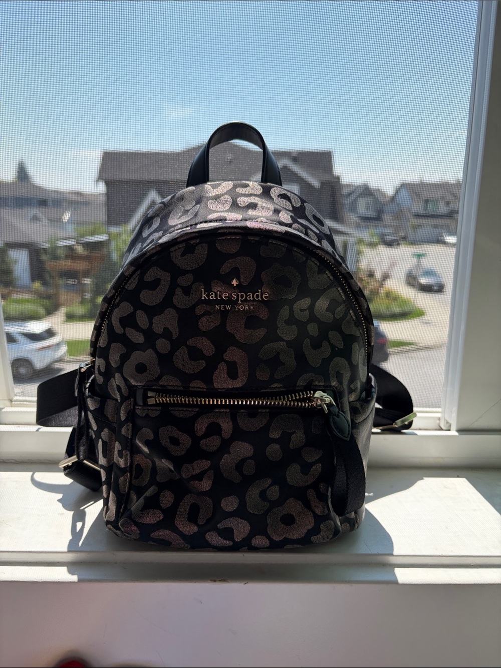 kate spade Metallic Leopard-Print Mini Backpack in Black